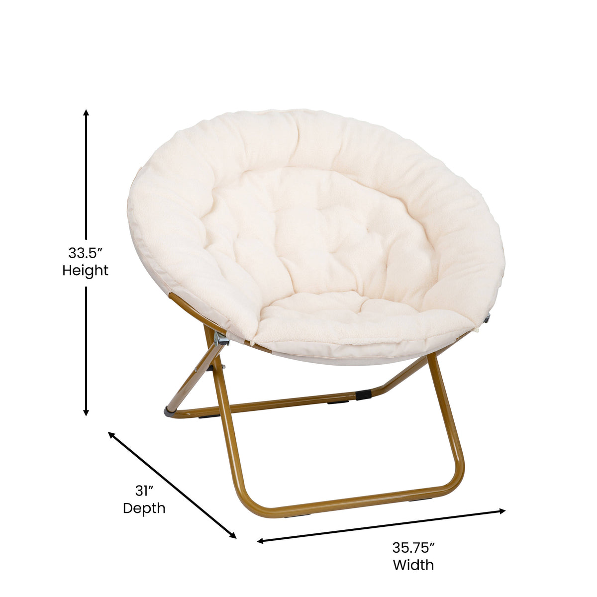 Ivory Sherpa/Soft Gold Frame |#| Folding XL Faux Fur Saucer Chair for Dorm or Bedroom - Ivory/Soft Gold
