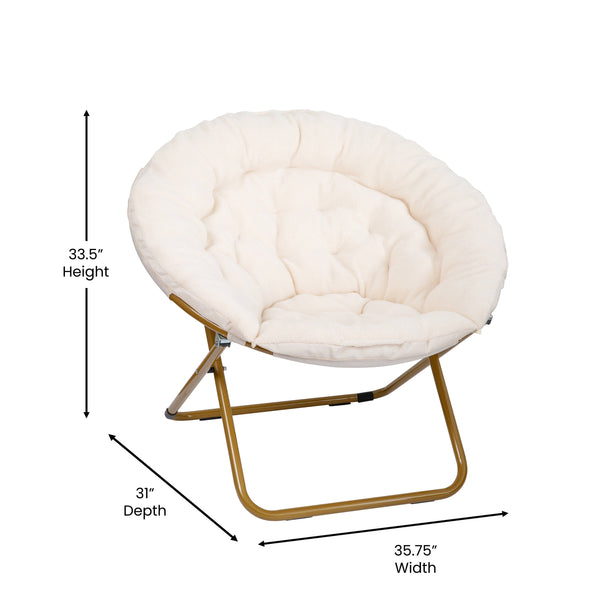 Ivory Sherpa/Soft Gold Frame |#| Folding XL Faux Fur Saucer Chair for Dorm or Bedroom - Ivory/Soft Gold