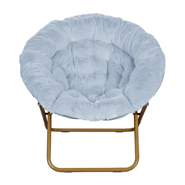 Aqua Fabric/Soft Gold Frame |#| Folding XL Faux Fur Saucer Chair with Ottoman - Dusty Aqua/Soft Gold