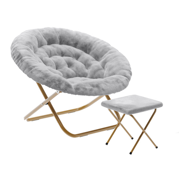 Gray Fabric/Soft Gold Frame |#| Folding XL Faux Fur Saucer Chair with Ottoman - Gray/Soft Gold