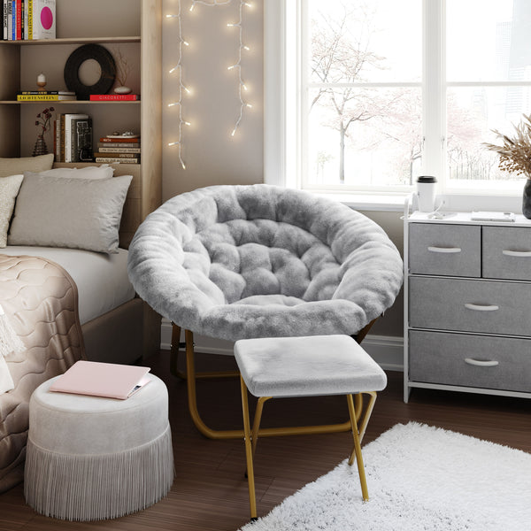 Gray Fabric/Soft Gold Frame |#| Folding XL Faux Fur Saucer Chair with Ottoman - Gray/Soft Gold
