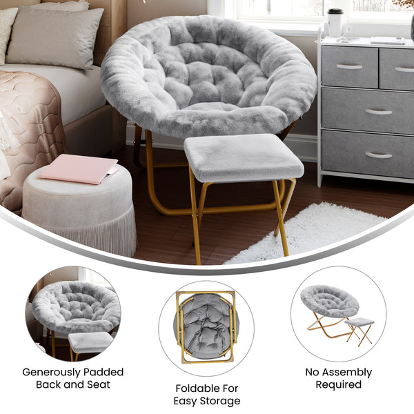 Gray Fabric/Soft Gold Frame |#| Folding XL Faux Fur Saucer Chair with Ottoman - Gray/Soft Gold