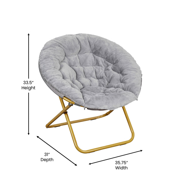 Gray Fabric/Soft Gold Frame |#| Folding XL Faux Fur Saucer Chair with Ottoman - Gray/Soft Gold