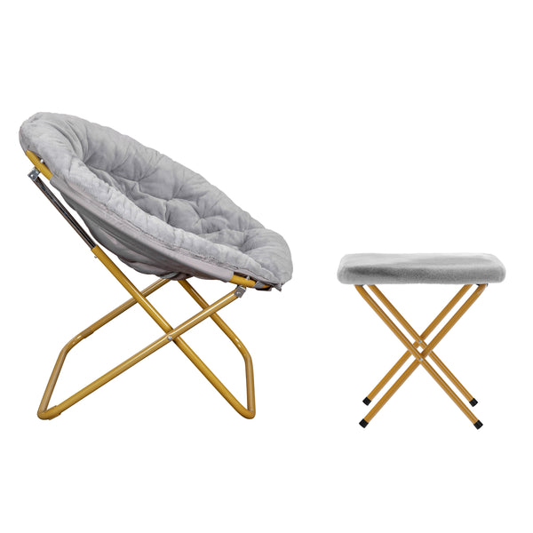 Gray Fabric/Soft Gold Frame |#| Folding XL Faux Fur Saucer Chair with Ottoman - Gray/Soft Gold