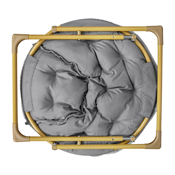 Gray Fabric/Soft Gold Frame |#| Folding XL Faux Fur Saucer Chair with Ottoman - Gray/Soft Gold