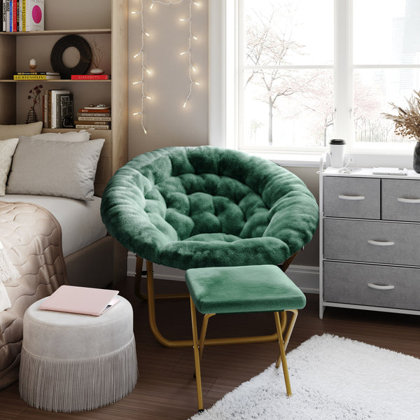 Emerald Fabric/Soft Gold Frame |#| Folding XL Faux Fur Saucer Chair with Ottoman - Emerald/Soft Gold