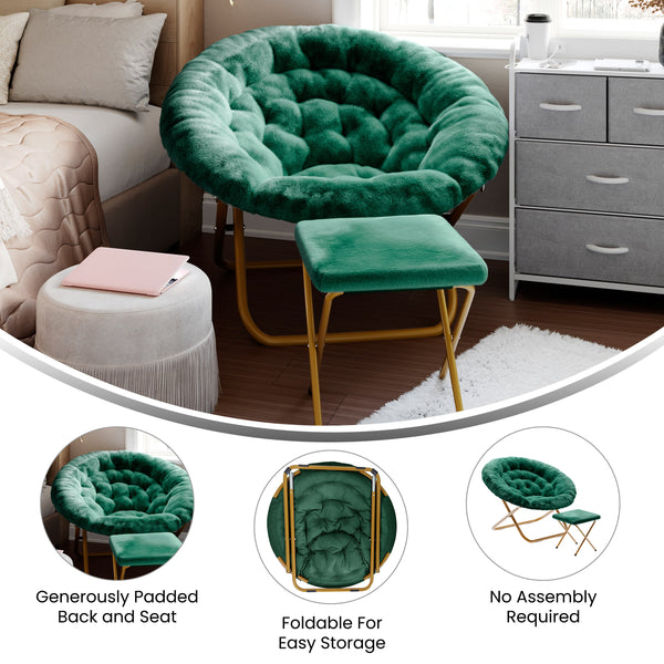 Emerald Fabric/Soft Gold Frame |#| Folding XL Faux Fur Saucer Chair with Ottoman - Emerald/Soft Gold