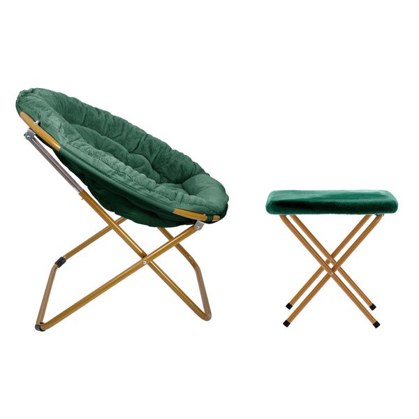 Emerald Fabric/Soft Gold Frame |#| Folding XL Faux Fur Saucer Chair with Ottoman - Emerald/Soft Gold