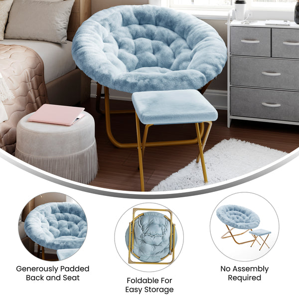 Aqua Fabric/Soft Gold Frame |#| Folding XL Faux Fur Saucer Chair with Ottoman - Dusty Aqua/Soft Gold
