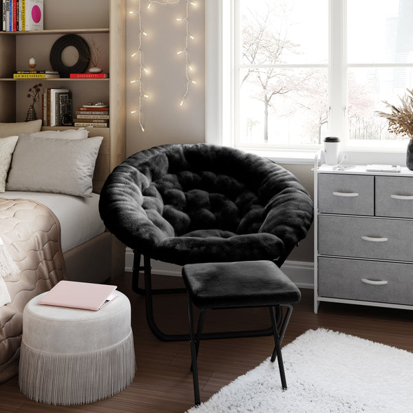 Black Fabric/Black Frame |#| Folding XL Faux Fur Saucer Chair with Ottoman - Black/Black