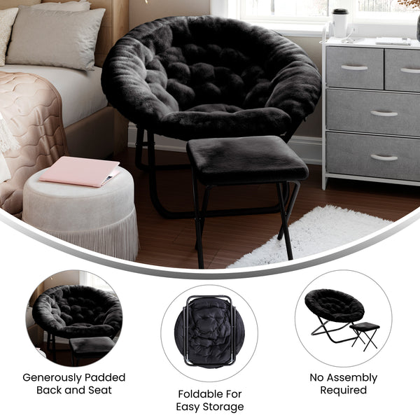 Black Fabric/Black Frame |#| Folding XL Faux Fur Saucer Chair with Ottoman - Black/Black