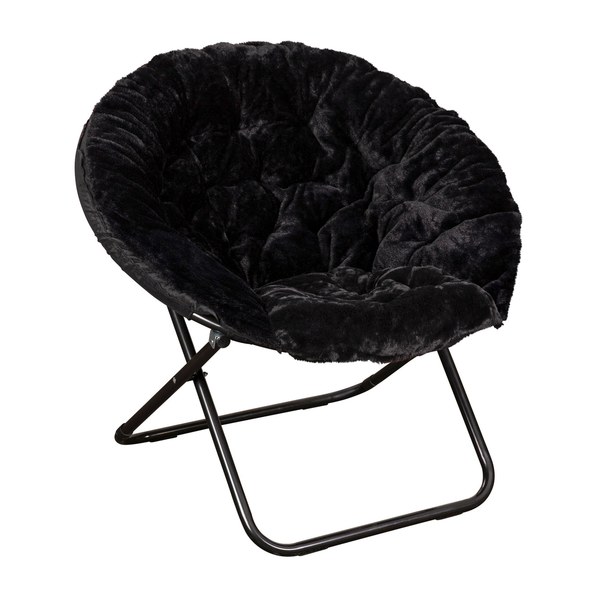 Black Fabric/Black Frame |#| Folding XL Faux Fur Saucer Chair with Ottoman - Black/Black