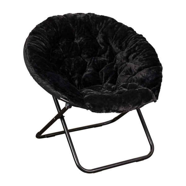 Black Fabric/Black Frame |#| Folding XL Faux Fur Saucer Chair with Ottoman - Black/Black