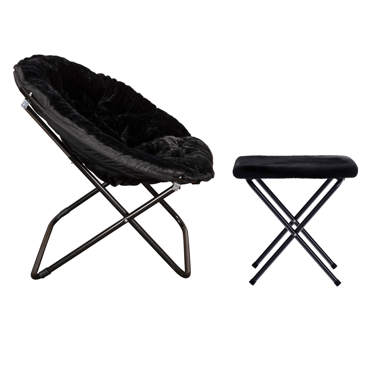 Black Fabric/Black Frame |#| Folding XL Faux Fur Saucer Chair with Ottoman - Black/Black
