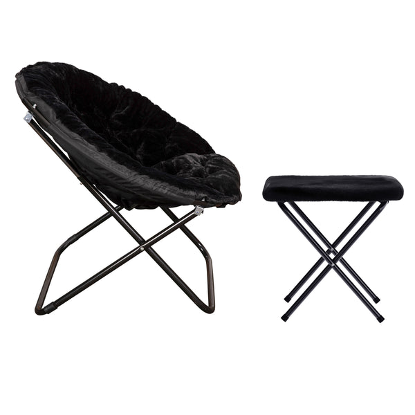 Black Fabric/Black Frame |#| Folding XL Faux Fur Saucer Chair with Ottoman - Black/Black