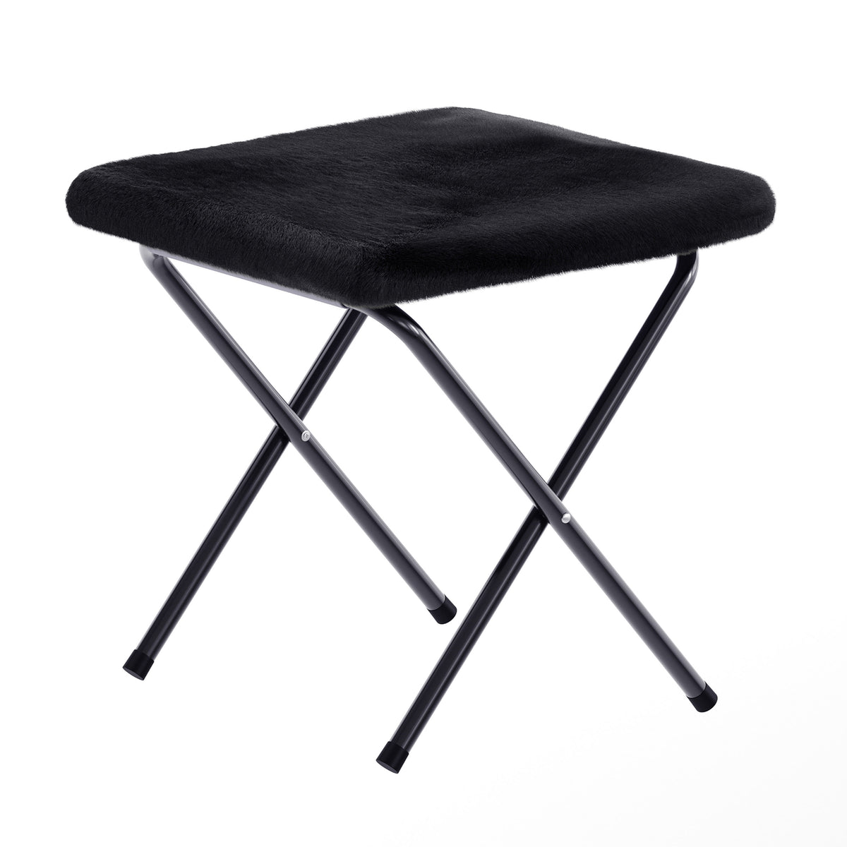 Black Fabric/Black Frame |#| Folding XL Faux Fur Saucer Chair with Ottoman - Black/Black