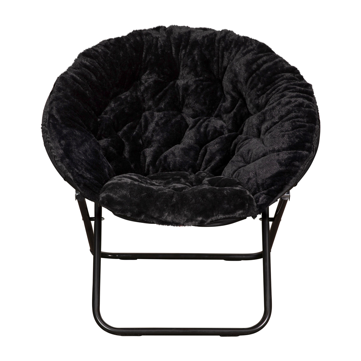Black Fabric/Black Frame |#| Folding XL Faux Fur Saucer Chair with Ottoman - Black/Black