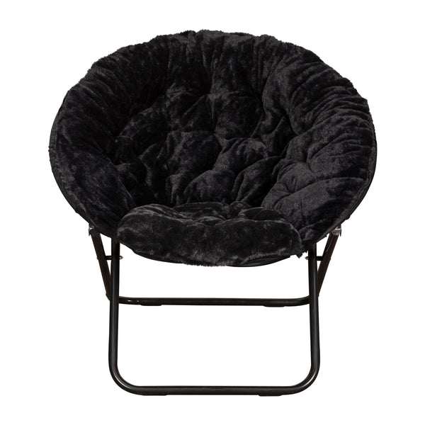 Black Fabric/Black Frame |#| Folding XL Faux Fur Saucer Chair with Ottoman - Black/Black