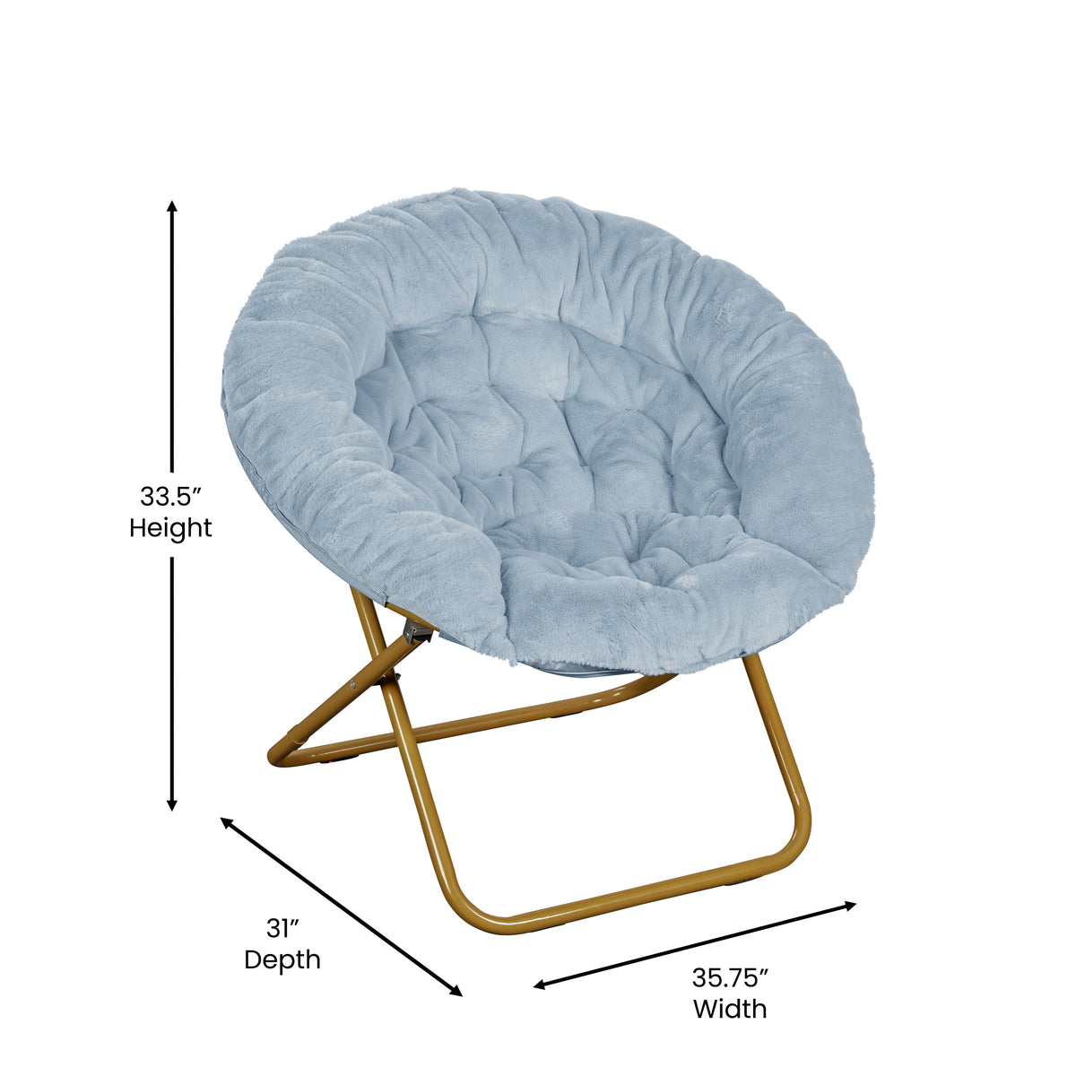 Aqua Fabric/Soft Gold Frame |#| Folding XL Faux Fur Saucer Chair with Ottoman - Dusty Aqua/Soft Gold