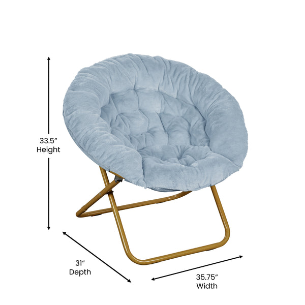Aqua Fabric/Soft Gold Frame |#| Folding XL Faux Fur Saucer Chair with Ottoman - Dusty Aqua/Soft Gold