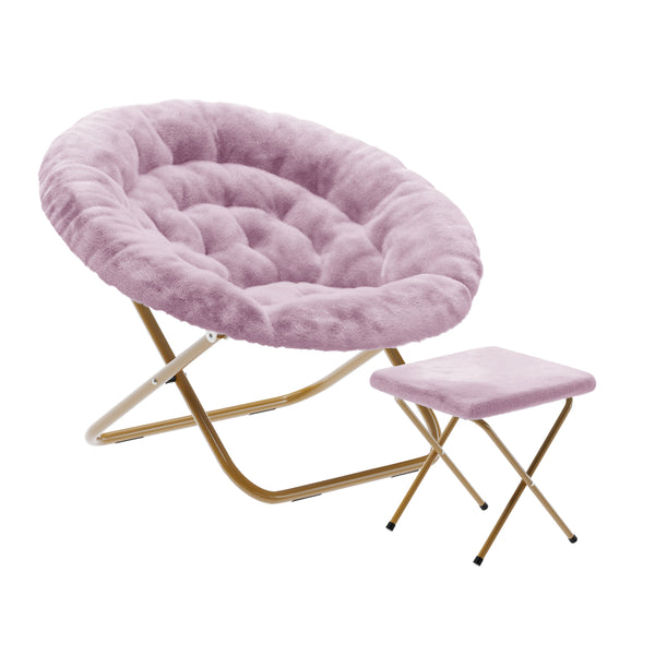 Dusty Purple Fabric/Soft Gold Frame |#| Folding XL Faux Fur Saucer Chair with Ottoman - Dusty Purple/Soft Gold