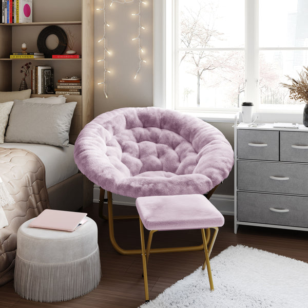 Dusty Purple Fabric/Soft Gold Frame |#| Folding XL Faux Fur Saucer Chair with Ottoman - Dusty Purple/Soft Gold