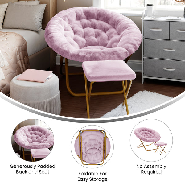 Dusty Purple Fabric/Soft Gold Frame |#| Folding XL Faux Fur Saucer Chair with Ottoman - Dusty Purple/Soft Gold
