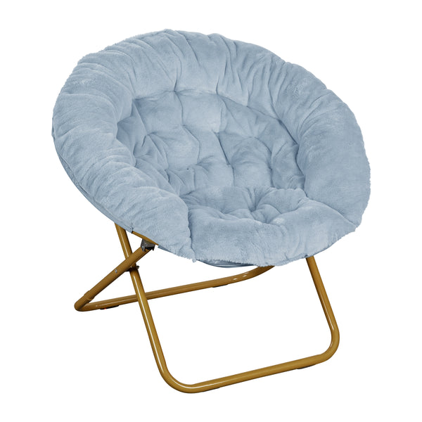 Aqua Fabric/Soft Gold Frame |#| Folding XL Faux Fur Saucer Chair with Ottoman - Dusty Aqua/Soft Gold