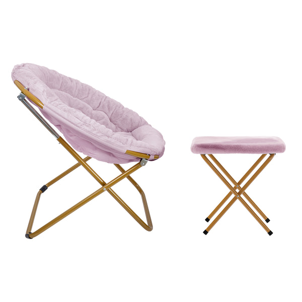 Dusty Purple Fabric/Soft Gold Frame |#| Folding XL Faux Fur Saucer Chair with Ottoman - Dusty Purple/Soft Gold