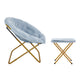 Aqua Fabric/Soft Gold Frame |#| Folding XL Faux Fur Saucer Chair with Ottoman - Dusty Aqua/Soft Gold