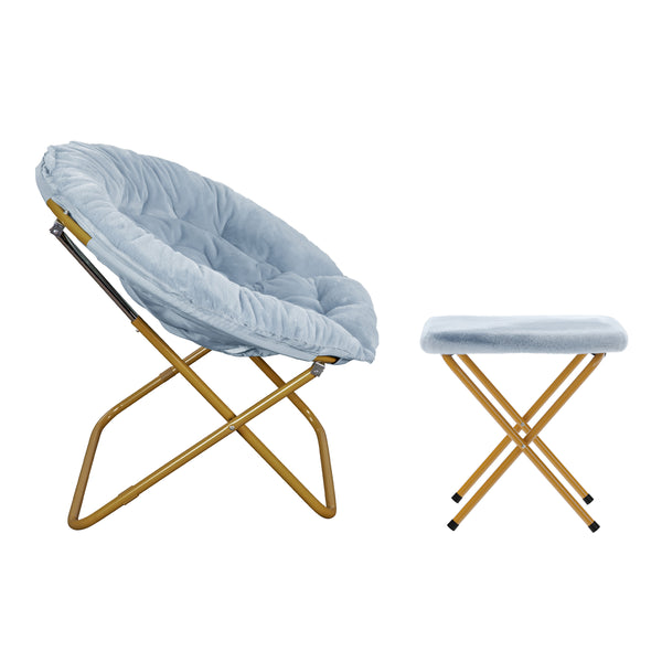 Aqua Fabric/Soft Gold Frame |#| Folding XL Faux Fur Saucer Chair with Ottoman - Dusty Aqua/Soft Gold