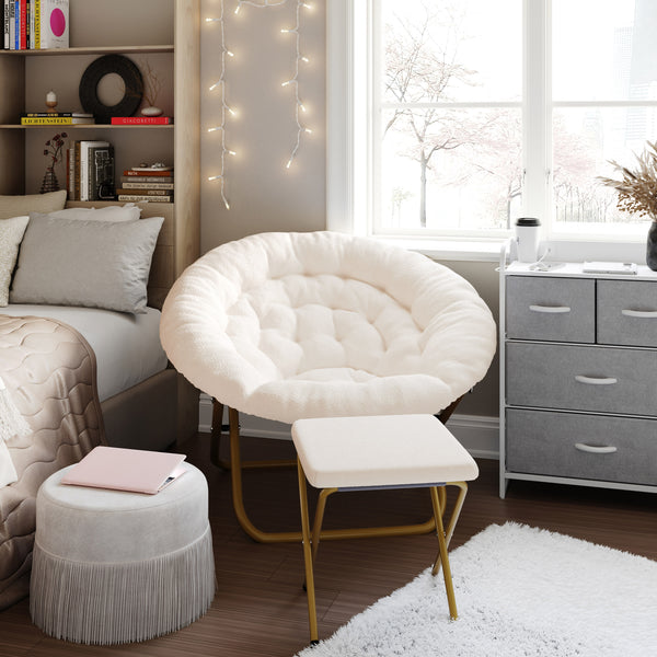 Ivory Faux Shearling Fabric/Soft Gold Frame |#| Folding XL Faux Shearling Saucer Chair with Ottoman - Ivory/Soft Gold