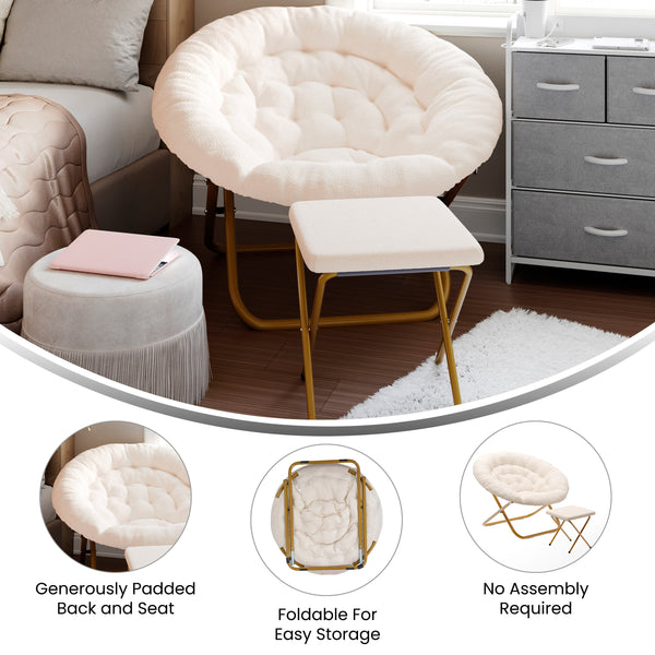 Ivory Faux Shearling Fabric/Soft Gold Frame |#| Folding XL Faux Shearling Saucer Chair with Ottoman - Ivory/Soft Gold