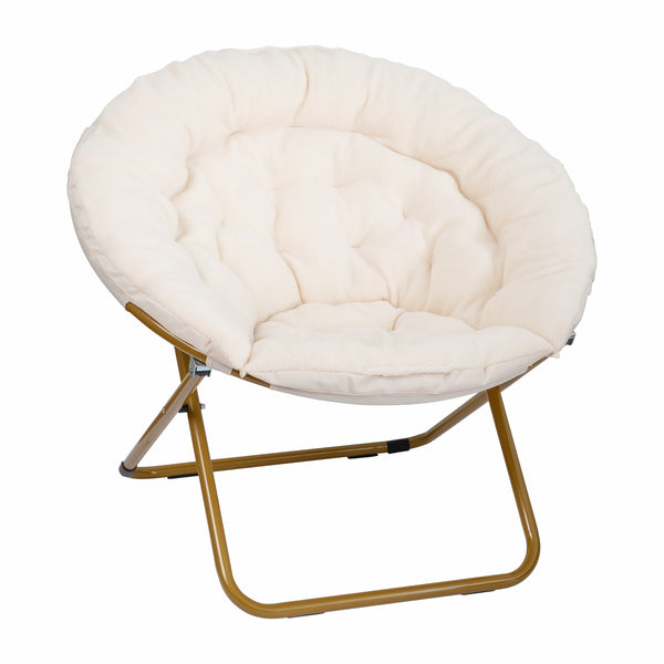 Ivory Faux Shearling Fabric/Soft Gold Frame |#| Folding XL Faux Shearling Saucer Chair with Ottoman - Ivory/Soft Gold