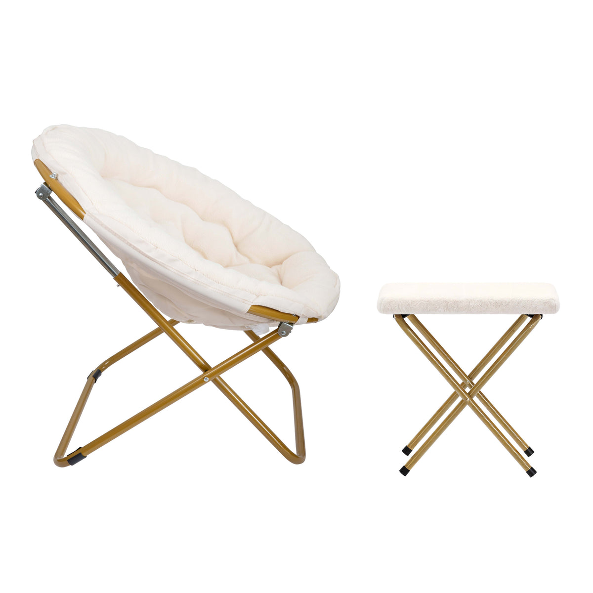 Ivory Faux Shearling Fabric/Soft Gold Frame |#| Folding XL Faux Shearling Saucer Chair with Ottoman - Ivory/Soft Gold