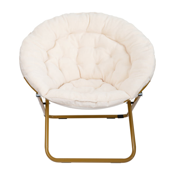 Ivory Faux Shearling Fabric/Soft Gold Frame |#| Folding XL Faux Shearling Saucer Chair with Ottoman - Ivory/Soft Gold