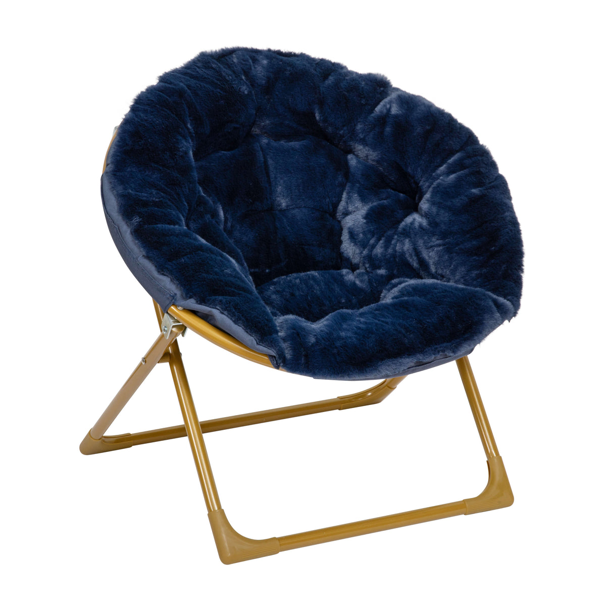 Navy Faux Fur/Soft Gold Frame |#| Kids Folding Faux Fur Saucer Chair for Playroom or Bedroom-Navy/Soft Gold