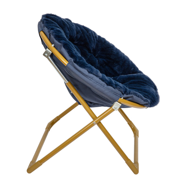 Navy Faux Fur/Soft Gold Frame |#| Kids Folding Faux Fur Saucer Chair for Playroom or Bedroom-Navy/Soft Gold