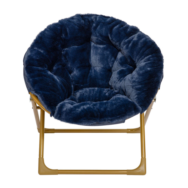 Navy Faux Fur/Soft Gold Frame |#| Kids Folding Faux Fur Saucer Chair for Playroom or Bedroom-Navy/Soft Gold