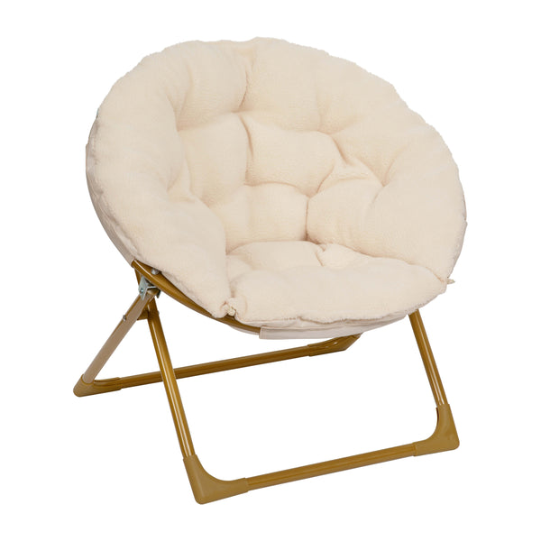 Ivory Faux Fur/Soft Gold Frame |#| Kids Folding Faux Fur Saucer Chair for Playroom or Bedroom-Ivory/Soft Gold