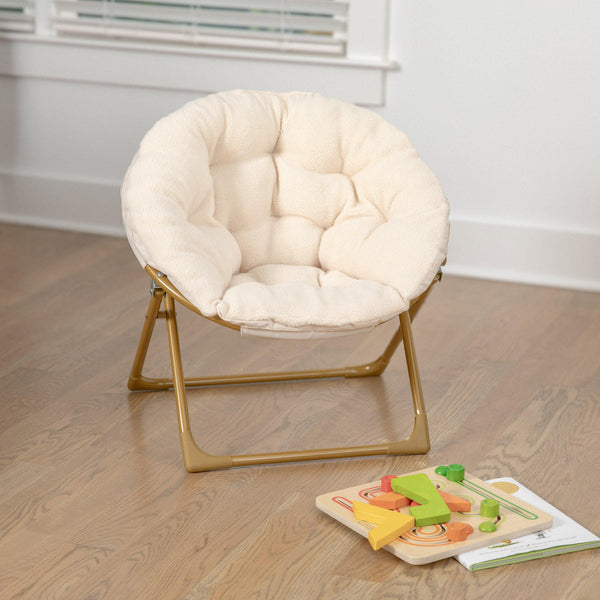 Ivory Faux Fur/Soft Gold Frame |#| Kids Folding Faux Fur Saucer Chair for Playroom or Bedroom-Ivory/Soft Gold