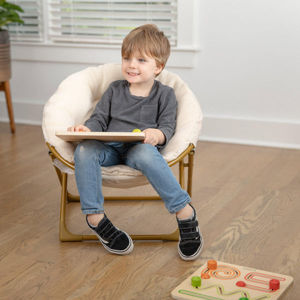 Ivory Faux Fur/Soft Gold Frame |#| Kids Folding Faux Fur Saucer Chair for Playroom or Bedroom-Ivory/Soft Gold