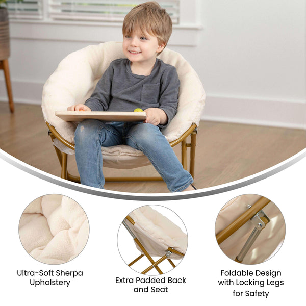 Ivory Faux Fur/Soft Gold Frame |#| Kids Folding Faux Fur Saucer Chair for Playroom or Bedroom-Ivory/Soft Gold