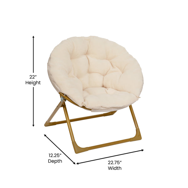 Ivory Faux Fur/Soft Gold Frame |#| Kids Folding Faux Fur Saucer Chair for Playroom or Bedroom-Ivory/Soft Gold