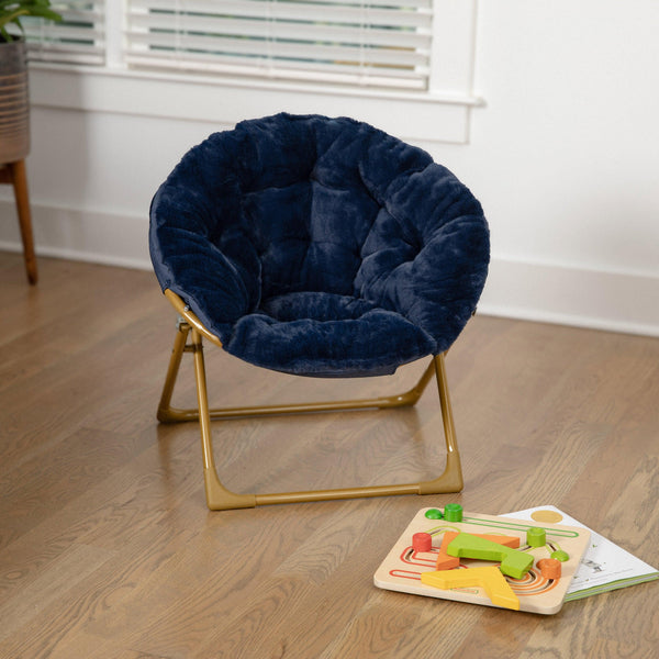 Navy Faux Fur/Soft Gold Frame |#| Kids Folding Faux Fur Saucer Chair for Playroom or Bedroom-Navy/Soft Gold