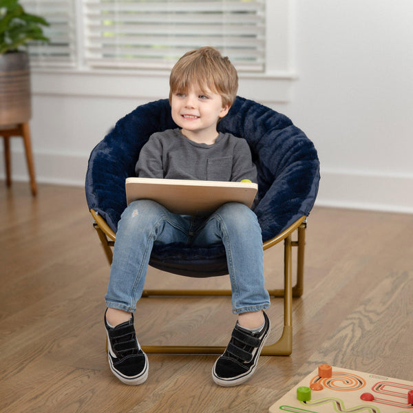 Navy Faux Fur/Soft Gold Frame |#| Kids Folding Faux Fur Saucer Chair for Playroom or Bedroom-Navy/Soft Gold