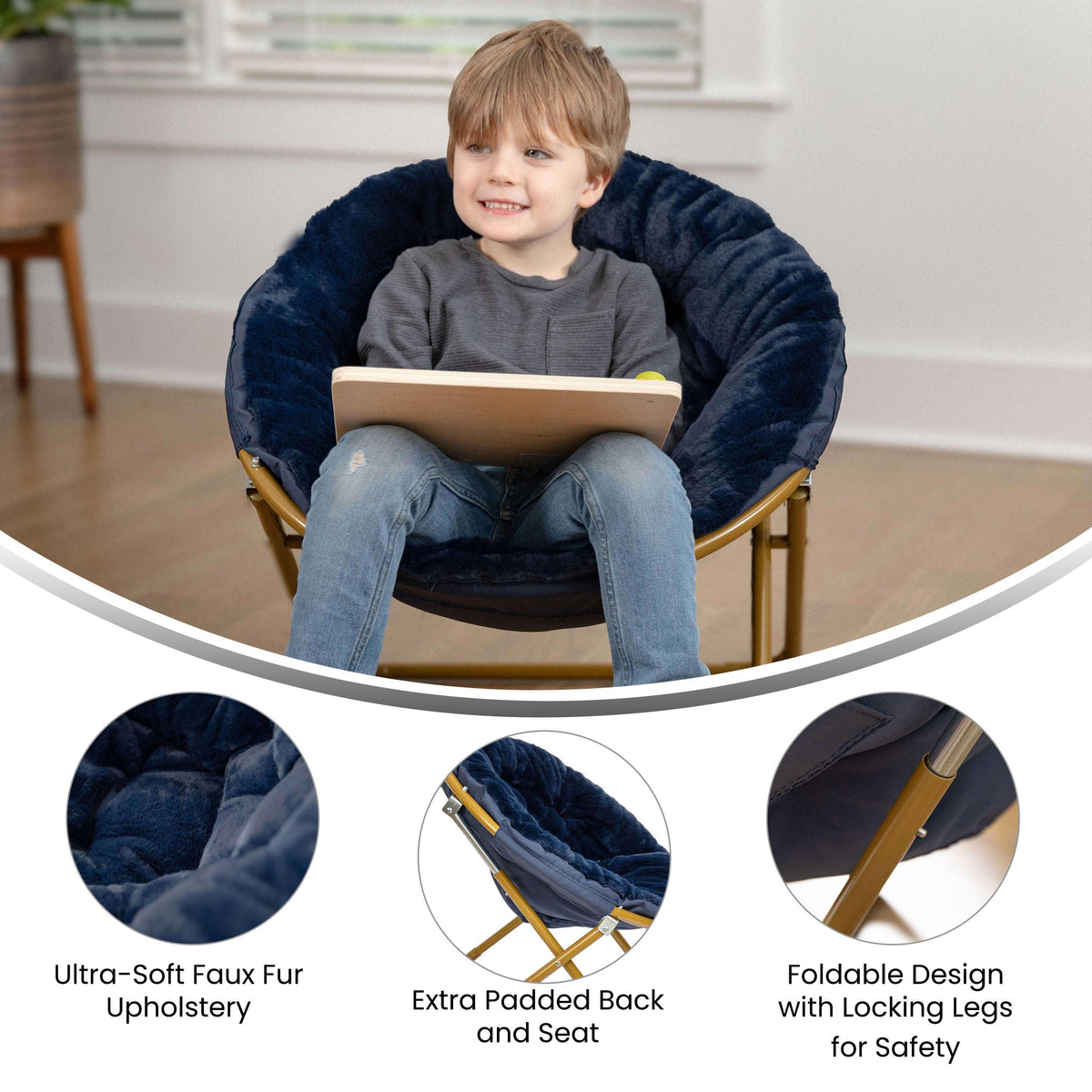 Navy Faux Fur/Soft Gold Frame |#| Kids Folding Faux Fur Saucer Chair for Playroom or Bedroom-Navy/Soft Gold