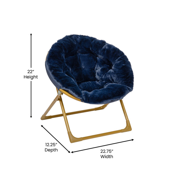 Navy Faux Fur/Soft Gold Frame |#| Kids Folding Faux Fur Saucer Chair for Playroom or Bedroom-Navy/Soft Gold