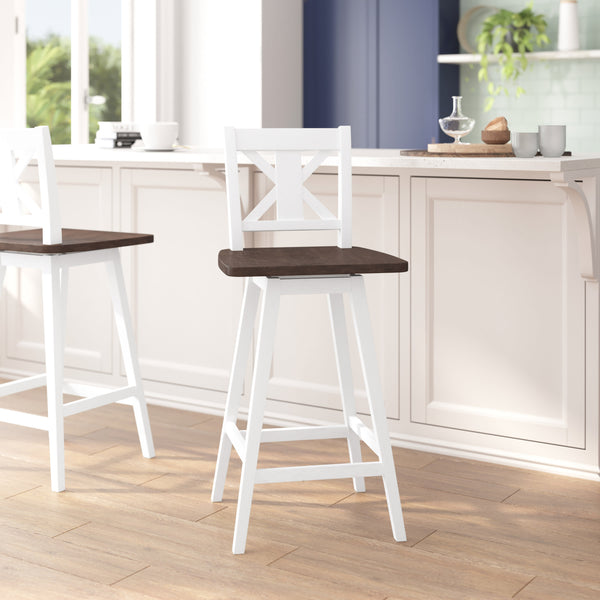 White Wash |#| Commercial 360° Swivel Wood Bar Height Stool in Antique White Wash/Gray Seat