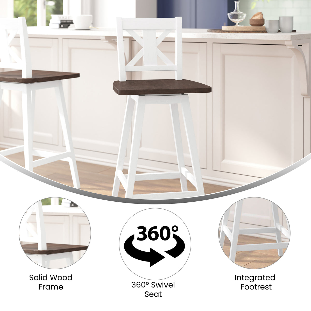 White Wash |#| Commercial 360° Swivel Wood Bar Height Stool in Antique White Wash/Gray Seat